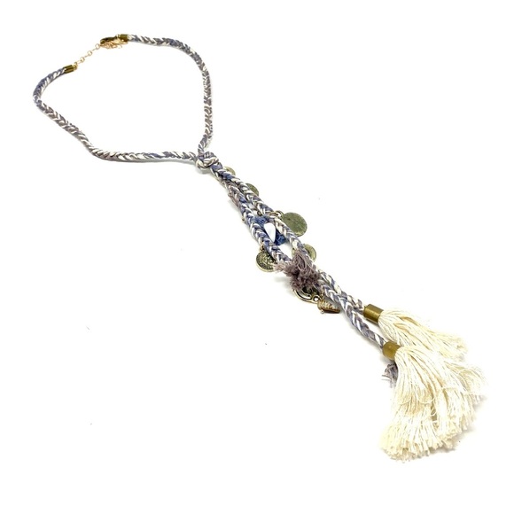 New Free People Coin Tassel Necklace Textile Gold Purple Cream - Picture 2 of 7